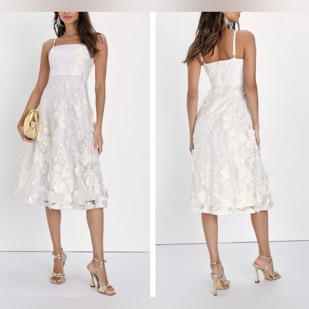NWT Lulus Glamour Garden White 3D Floral Embroidered Midi Dress boho small Party